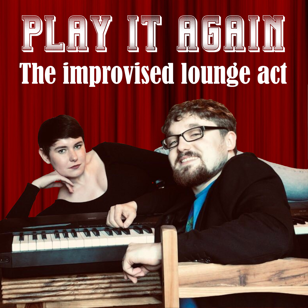 Image of improvisers Emily Brady and Sam Marshall. Emily is lying on her side with the keyboard in front of her. Sam is sitting in a chair looking back at the camera